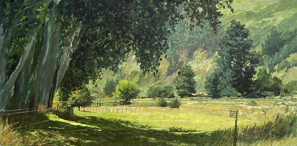 Paul Hooker nz landscape art, farm scene, oil on canvas